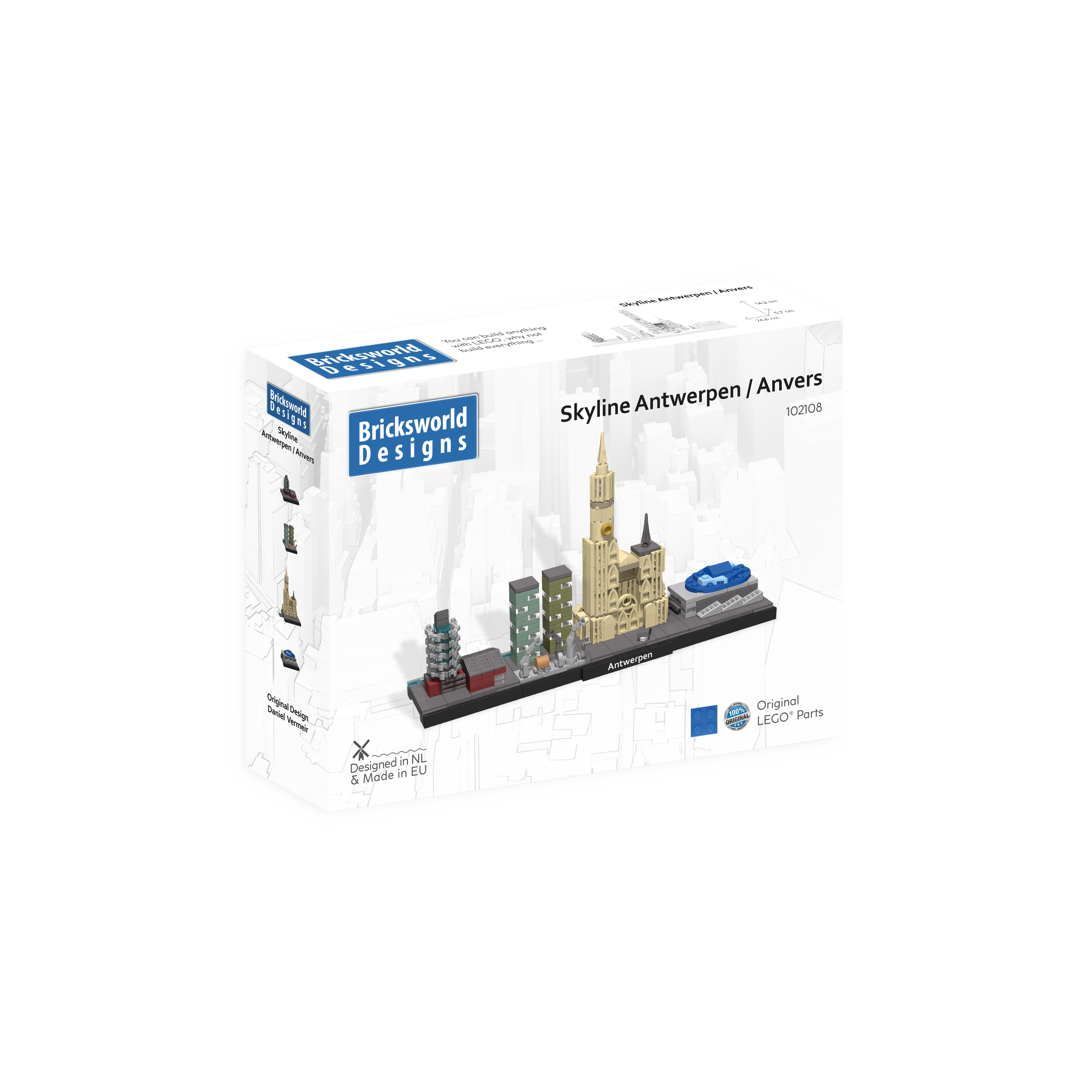 Bricksworld Architectuur Skyline Antwerpen (B) Mod. Red Star Line museum, Rijnkaai-Westkaai torens, OLV Kathedraal & Sportpaleis