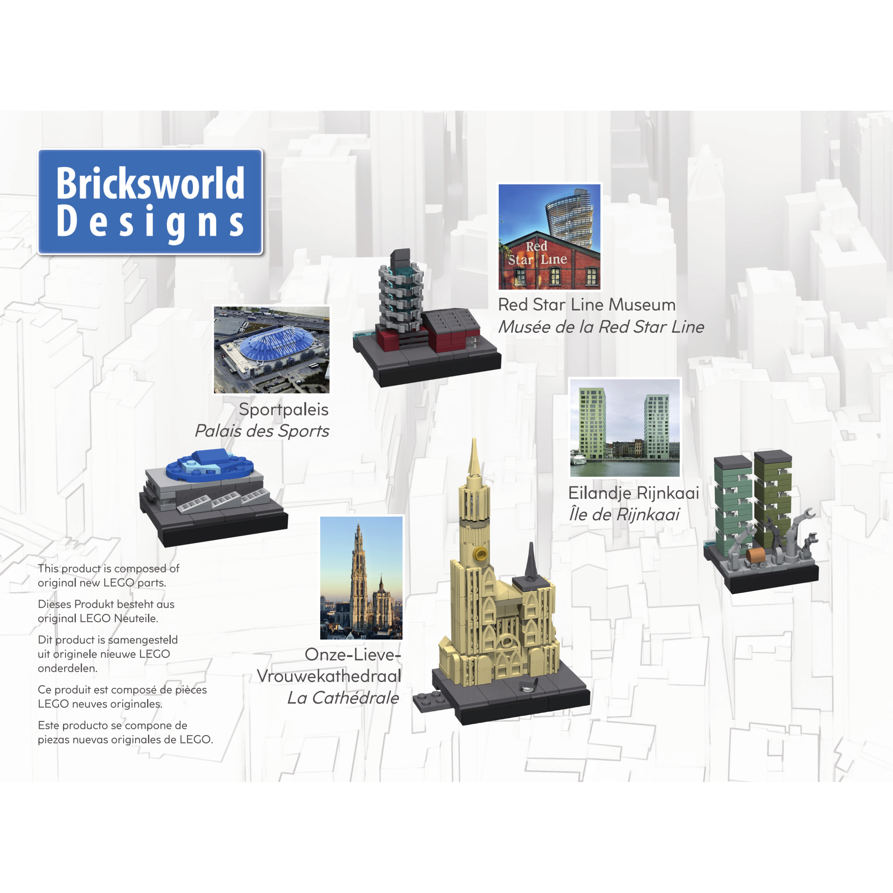 Bricksworld Architectuur Skyline Antwerpen (B) Mod. Red Star Line museum, Rijnkaai-Westkaai torens, OLV Kathedraal & Sportpaleis