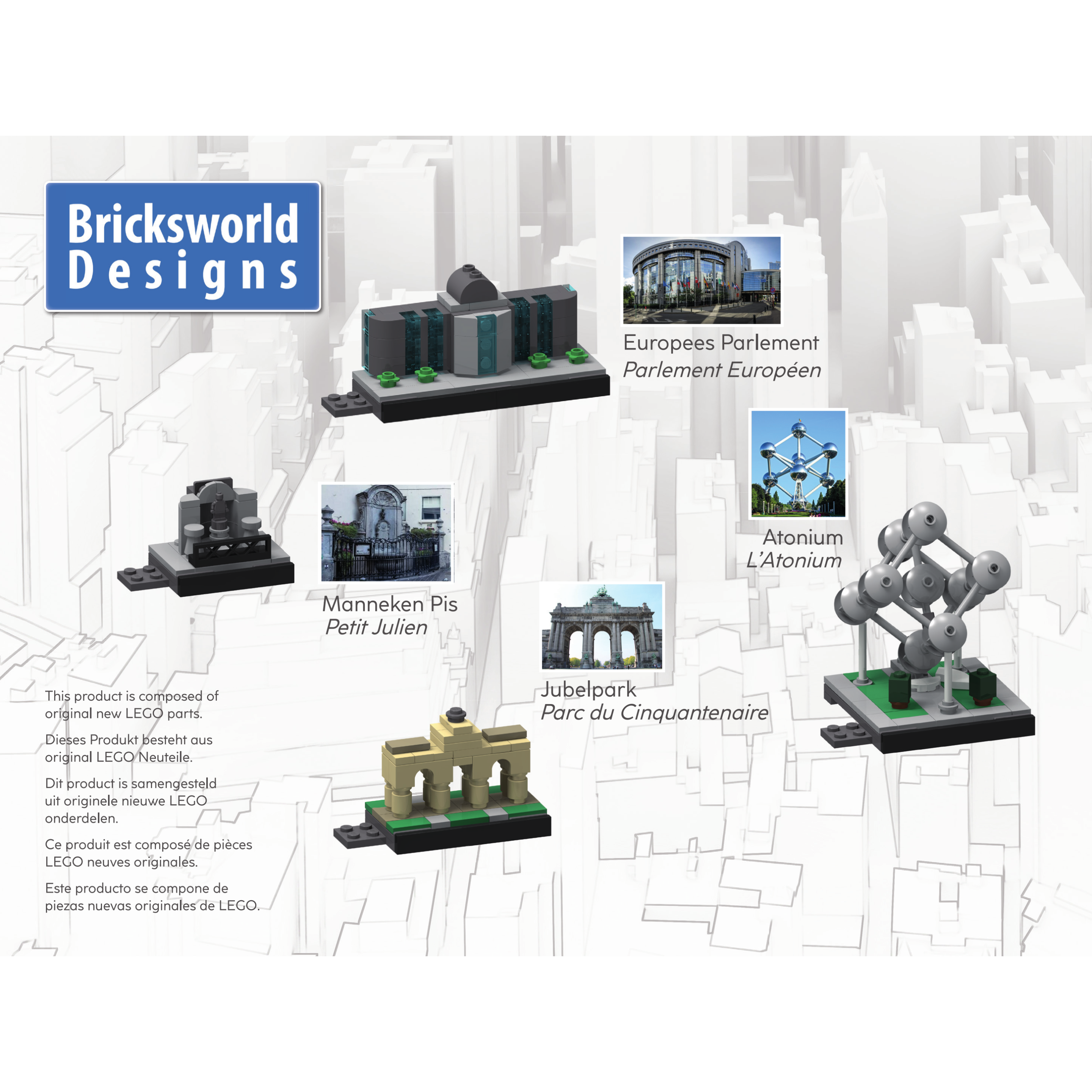Bricksworld Architectuur Skyline Brussel (B) Modules Europees Parlement, Atomium, Jubelpark & Manneken Pis