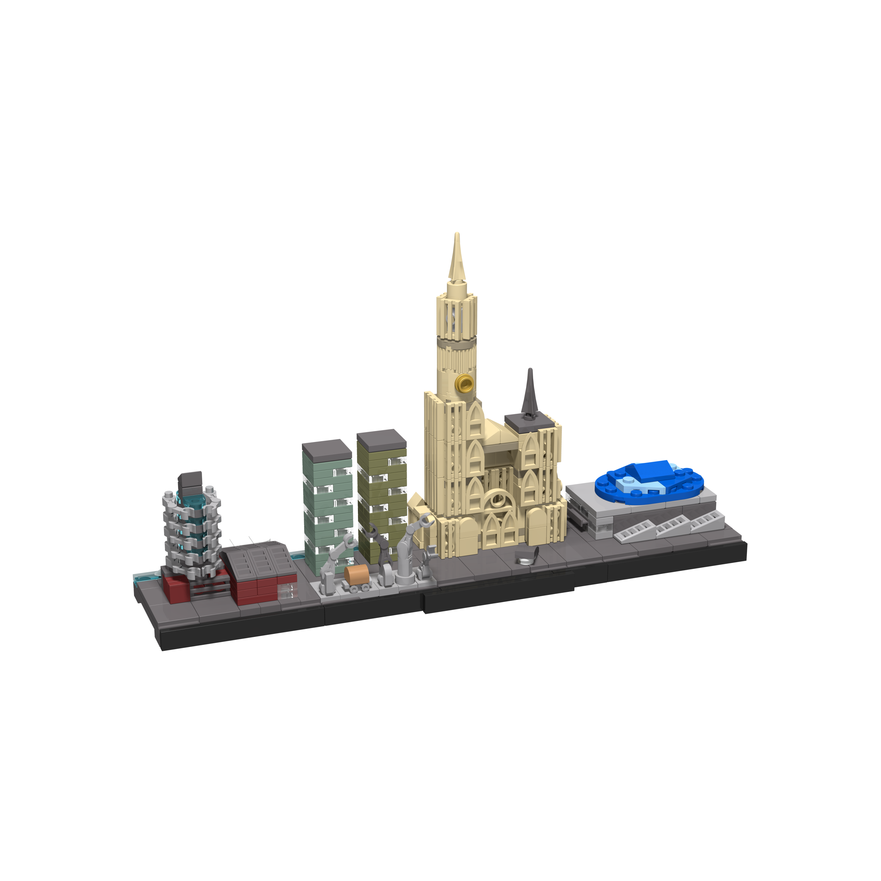 Bricksworld Architectuur Skyline Antwerpen (B) Mod. Red Star Line museum, Rijnkaai-Westkaai torens, OLV Kathedraal & Sportpaleis