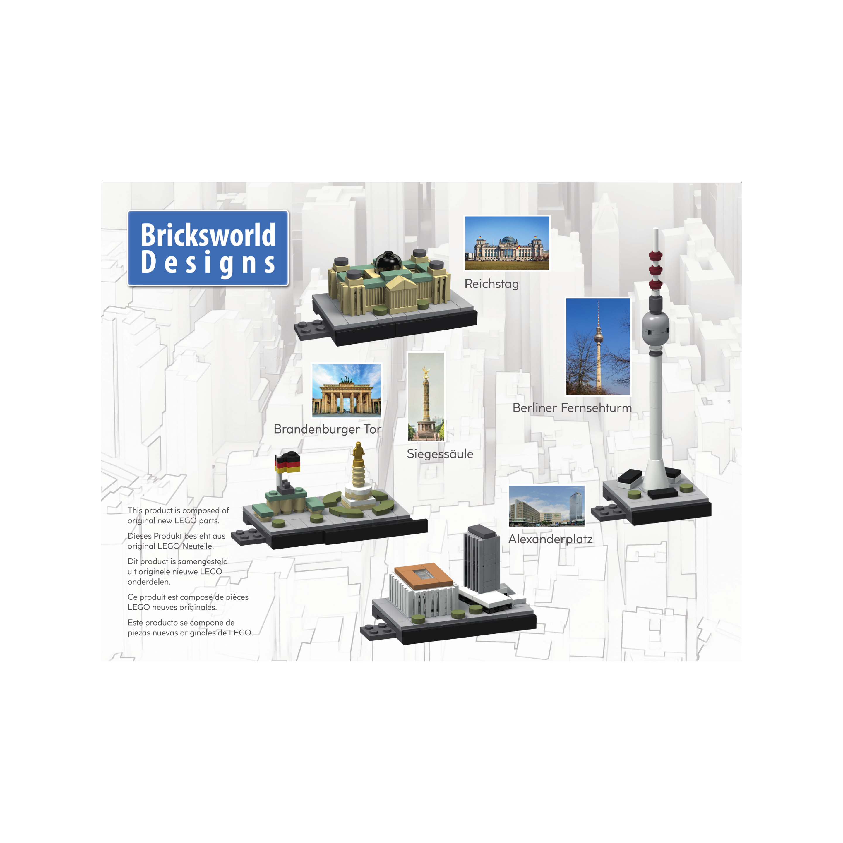 Bricksworld Architectuur Skyline Berlin (D) Modules Alexanderplatz, Brandenburgertor, Siegessäule, Fernsehturm & Reichstag