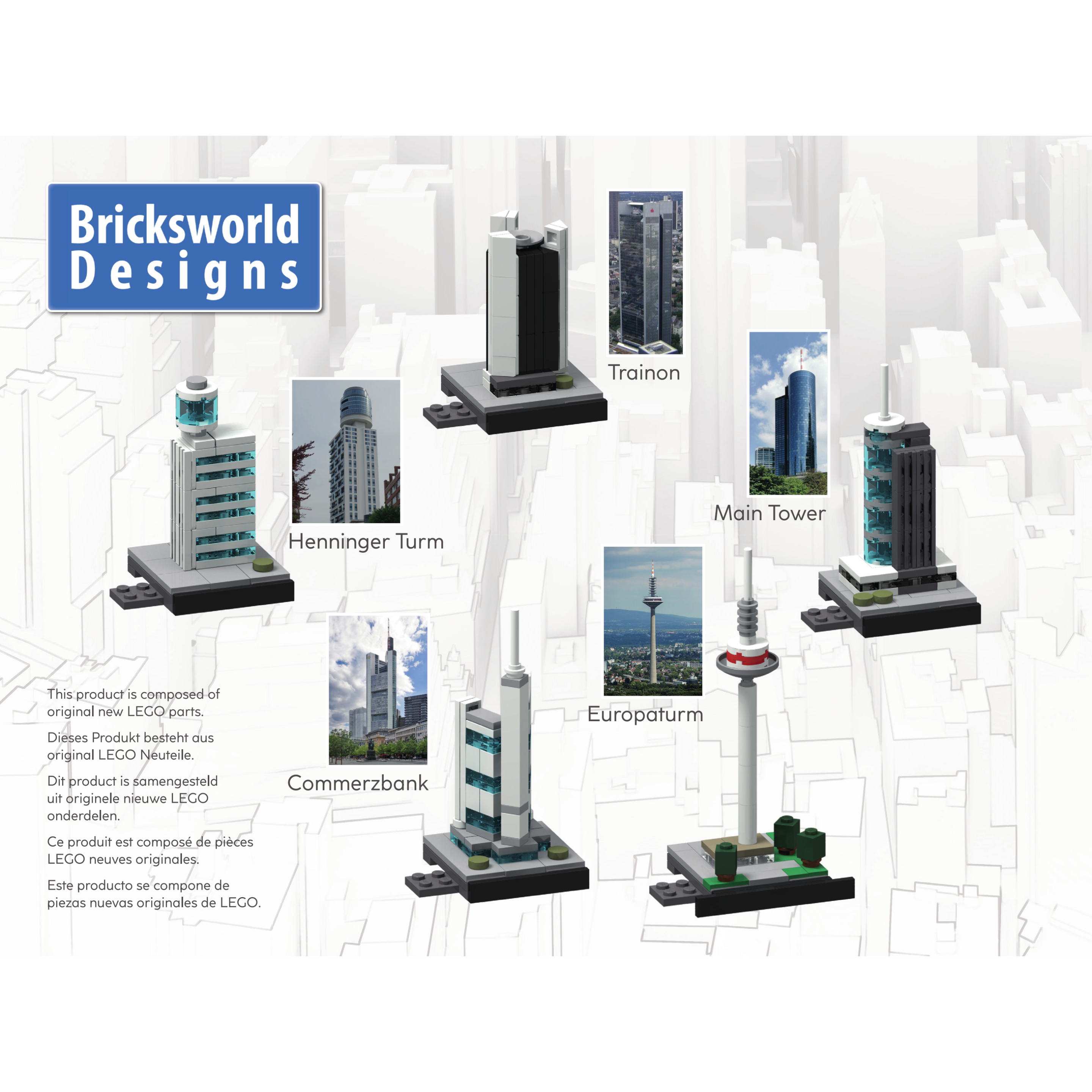 Bricksworld Architectuur Skyline Frankfurt (D) Modules Commerzbank, Europaturm, Henningerturm, Mainturm & Trianon