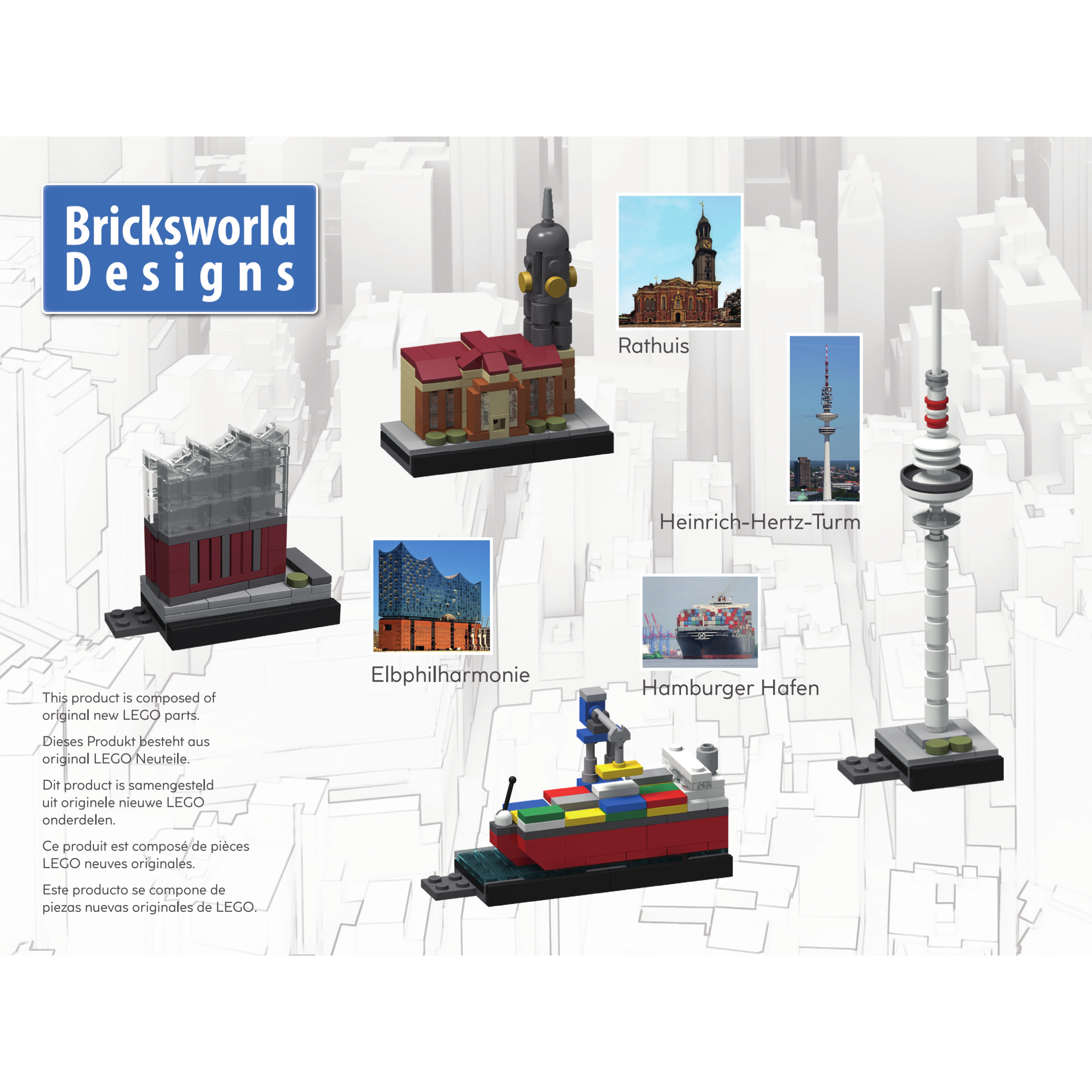 Bricksworld Architectuur Skyline Hamburg (D) Modules Rathaus, Fernsehturm, Konzertsaal & Hafen