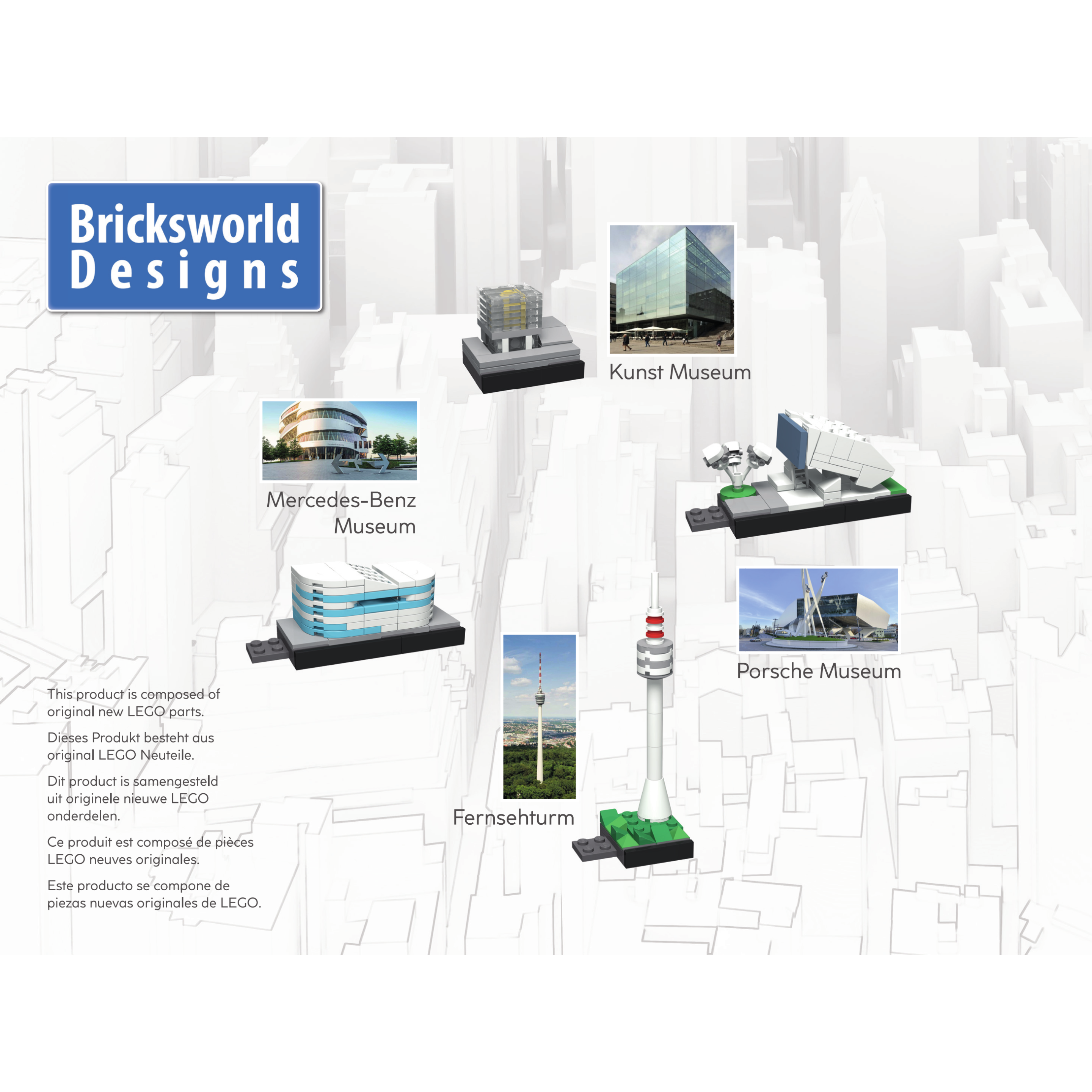 Bricksworld Architectuur Skyline Stuttgart (D) Modules Kunst Museum, Porsche Museum, Fernsehturm & Mercedes-Benz Museum
