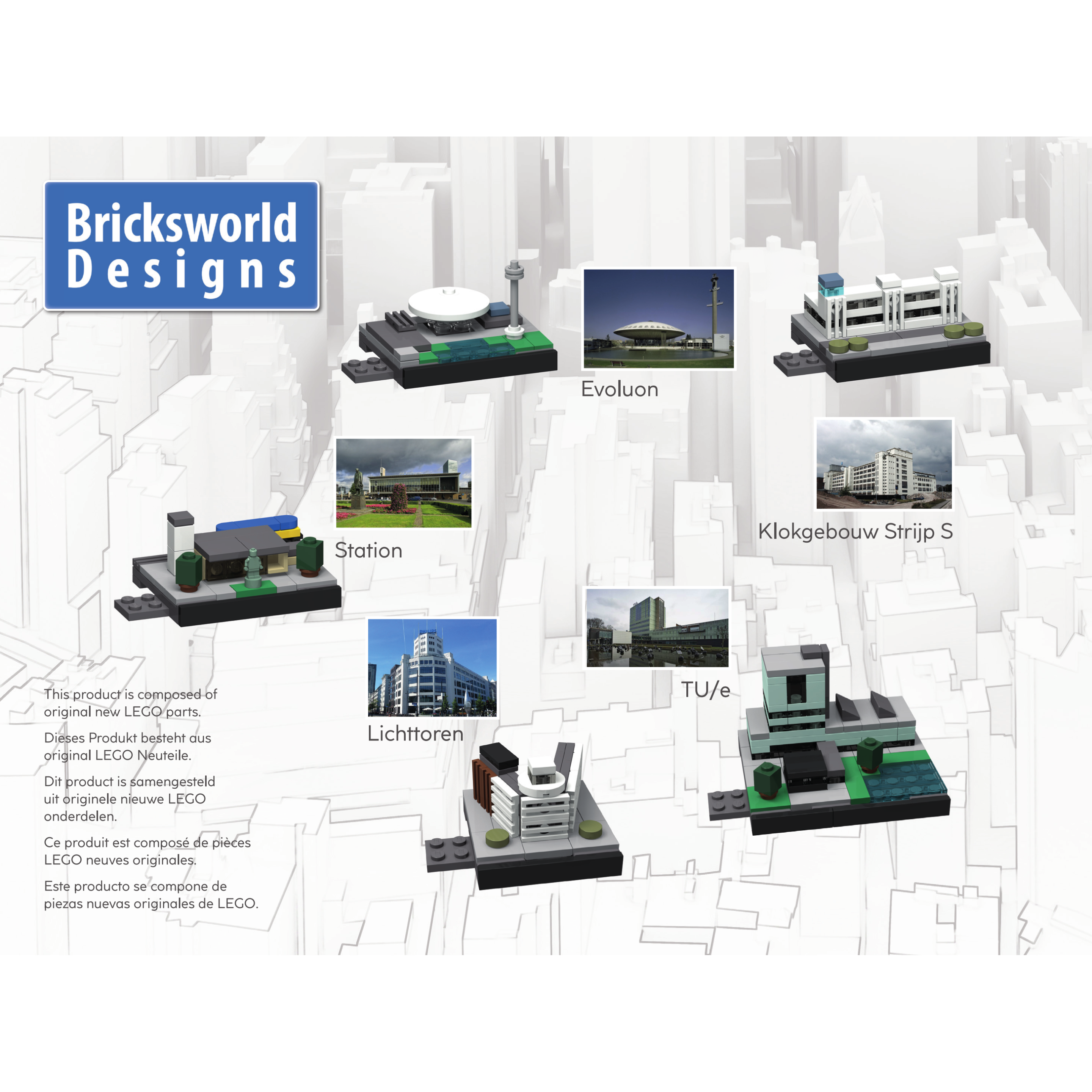 Bricksworld Architectuur Skyline Eindhoven (NL) Modules Evoluon, Klokgebouw, TU/e, Lichttoren & Station