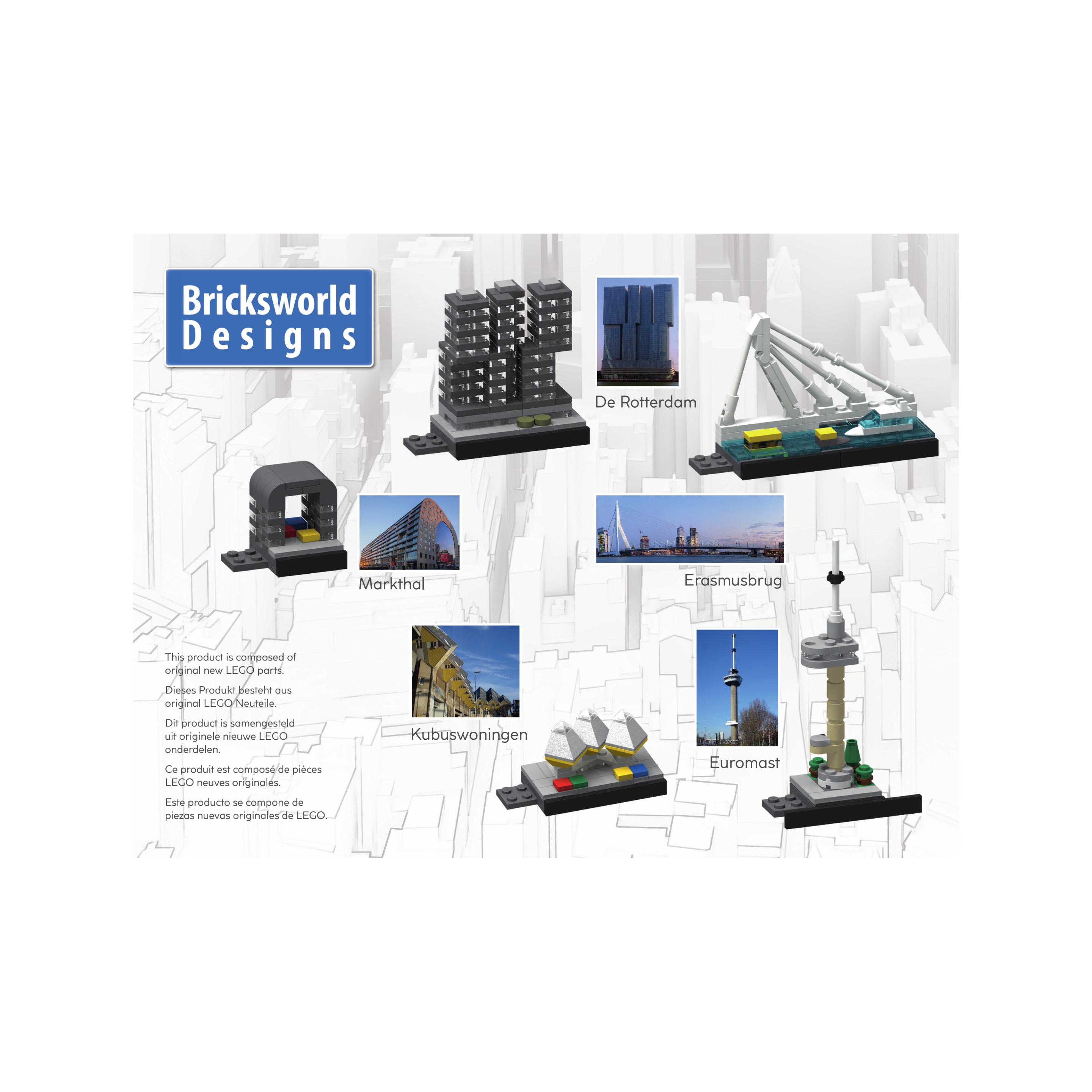 Bricksworld Architectuur Skyline Rotterdam (NL) Modules Erasmusbrug, Euromast, De Rotterdam, Kubuswoningen & Markthal
